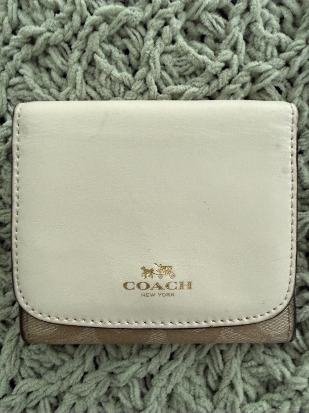 Coach Ivory Leather Card Holder with Signature Canvas Accent
